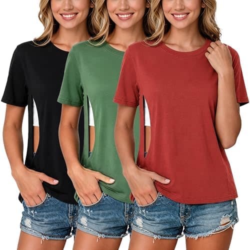 Ecavus 3 Pack Women Nursing Shirts for Breastfeeding - One Hand Zipper Short Sleeve Nursing Tops Pumping Postpartum Clothes