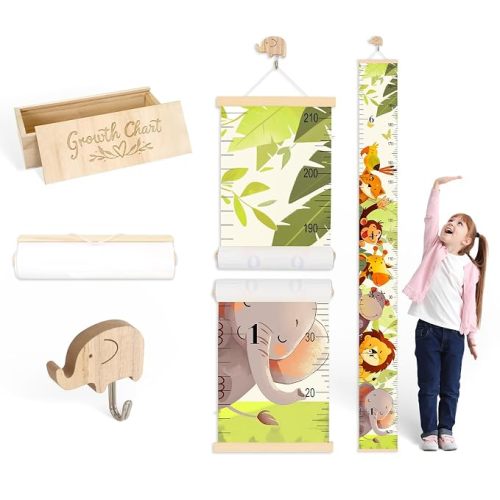 Growth Chart for Kids, Wall Height Chart for Child Toddlers Baby | with Wooden Keepsake Box & Hook Hangable and Removable Waterproof Canvas measurement Ruler for Room Nursery Decor (Giraffe)
