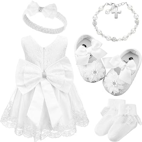 5 Pcs Baby Girl Baptism Outfit Includes Lace Christening Dresses Bowknot Headwear Cross Charm Bracelet Socks Shoes