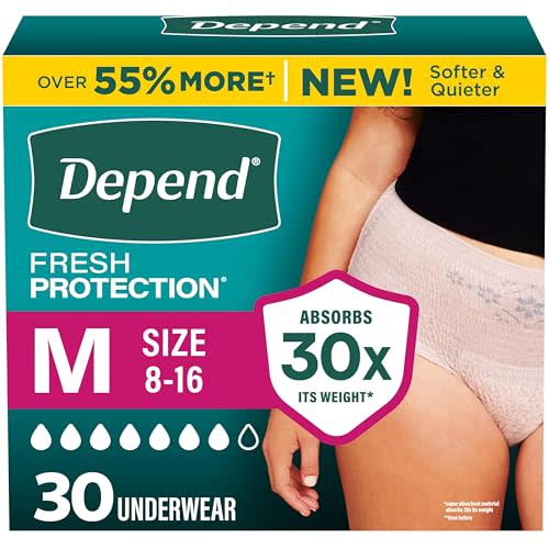 Depend Fresh Protection Adult Diapers, Incontinence Underwear for Women, Disposable, Maximum, Medium, Blush, 30 Count, Packaging May Vary