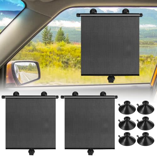 Car Window Shades for Baby, 2 Pack Retractable Side Window Sun Shade with Suction Cups, Blocks UV Rays & Heat Glare Protection, Roller Sunshade for Kids, Pets, and Car Passengers (15x17 Inch)