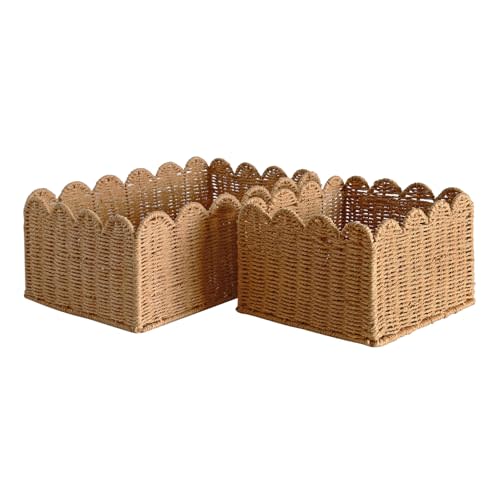 Scalloped Basket, Wicker Storage Baskets, Hand Woven Baskets for Shelves,Natural Baskets for Organizing (S+M)