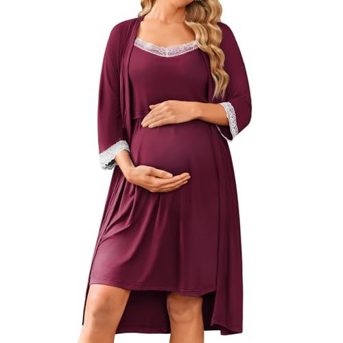 Ekouaer Women Lace Maternity Nursing Gown and 3/4 Sleeve Robe Set Double Layer Breastfeeding Nightgown Slip Dress & Bathrobe