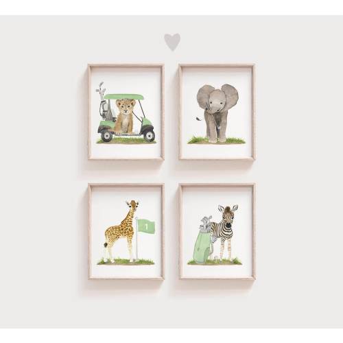 Golf Safari Nursery Decor, Golf Safari Nursery Prints set 4, safari wall art, Watercolor Golf art, golf Wall Art, nursery wall art golf cart