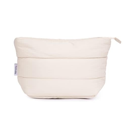 Narwey Small Makeup Bag for Travel Women Girl, Puffer Cosmetic Bag Makeup Pouch for Purse with Zipper, Cute Puffy Make Up Organizer Bags, Travel Toiletry Bag Toiletries (Beige)