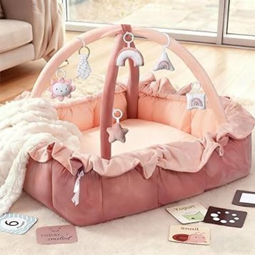 5-in-1 Plush Baby Play Gym, Baby Play Mat, Convertible Baby Gym with Blanket and 6 Toys, Tummy time mat, Baby Activity Center from Newborn to Toddler, Baby Gym, Ball Pit, Baby Newborn Essentials, Pink
