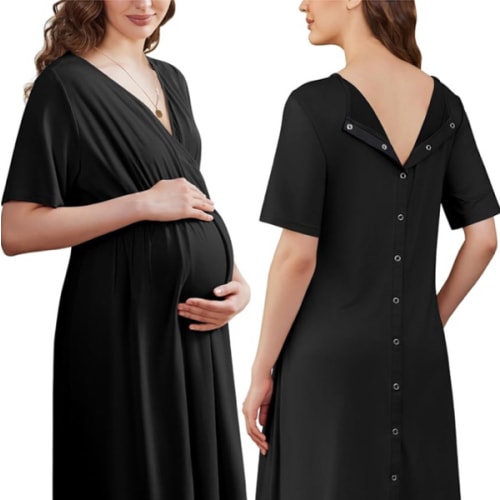 Amazon.com: Ekouaer Labor and Delivery Gown for Hospital V Neck Maternity Nursing Dress | Birthing Gown, Open Back Button closure, Skin-friendly, Short Sleeve, Split Front Flap, Stretchy, Breastfeeding, C-section