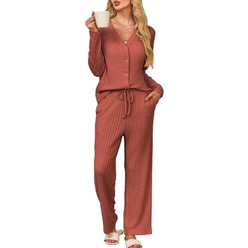 Kikibell Womens Pajamas Sets Button Down Lounge Set 2 Piece Sleepwear Loungewear Long Sleeve Pjs with Pocket Fall Outfits