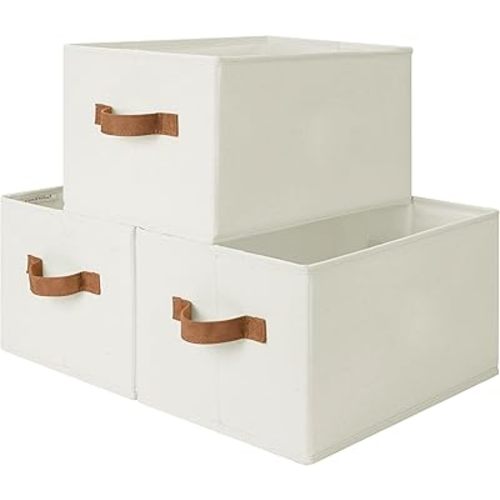 StorageWorks Closet Organizers and Storage Bins, Foldable Shelf Baskets, Clothes Storage Basket for Organization, Ivory White, 3-Pack, Large