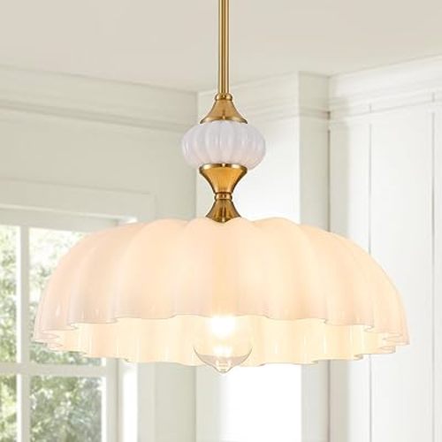 White Floral Chandelier Pendant Light, 15.7" Adjustable Farmhouse Kitchen Island Lighting, Vintage Glass Flower Ceiling Fixture for Dining Room, Bedroom, Hallway