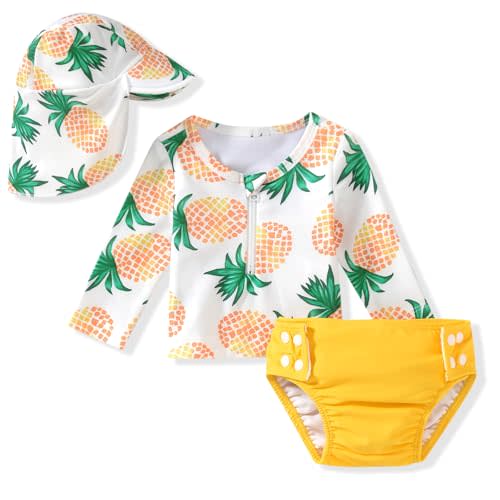 HINTINA Newborn Baby Girl Long Sleeve 2-Pieces Swimsuit Bathing Suit with Hat