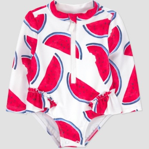 Carter's Just One You® Baby Girls' Watermelon Long Sleeve Rash Guard One Piece Swimsuit - White 9M