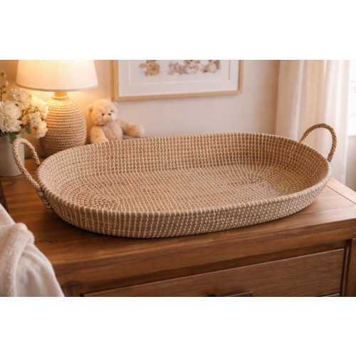 Handcrafted Woven Baby Changing Basket • Natural Nursery Tray with Pad