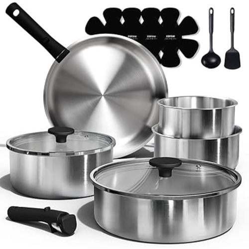 CAROTE Pots and Pans Set, Stainless Steel Cookware Set Detachable Handle, 15pcs Induction Kitchen Cookware Sets with Removable Handle, RV Cookware Set, Oven Safe, Mothers Day Gifts