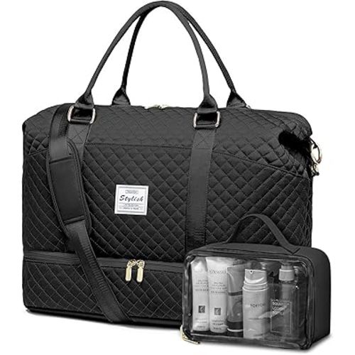Women Weekender Travel Duffle Bags - Large Duffel Overnight Bag with Shoe Compartment & Toiletry Carry on Tote Weekend Yoga Gym Bags with Wet Pocket Hospital Bags for Labor and Delivery Black
