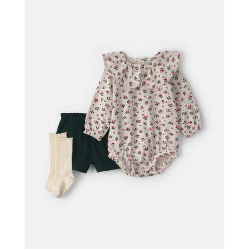 Baby Girl 3-Piece Floral Corduroy Long-Sleeve Bodysuit & Short Set | Carter's
