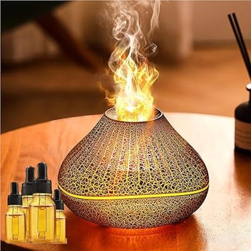 Essential Oil Volcano Diffusers with 4 Essential Oil, Aroma Diffuser with Led Flame Aromatherapy Diffuser & Mist Humidifier 7 Colors Lights Noiseless Operation Auto-Off Protection for Baby Nursery