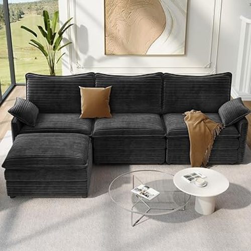 Vesgantti 108" Modular Sectional Sofa, Comfy Cloud Couch with Movable Ottoman Deep Seat Corduroy L Shaped Modular Sofa, Sectional Couches for Living Room, Bedroom and Apartment, Gray