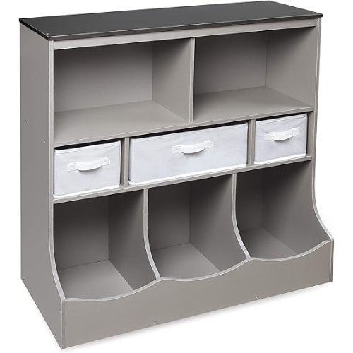 Badger Basket Combo Toy Storage Organizer and Bookshelf - Kids Storage Unit with 3 Removable Baskets, Open Shelves, Top Display Surface - Woodgrain and Gray