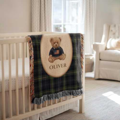 Personalized Baby Boy Blanket Teddy Bear Woven Blanket Custom Name Nursery Decor Preppy Plaid Blanket Baby Shower Gift Boy