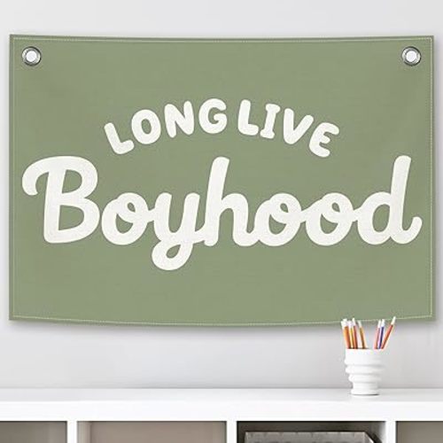 Long Live Boyhood Kids Banner Canvas, Green Boys Toddler Room Decor, Playroom Hanging Flag Sign, Nursery Wall Tapestry Art for Baby Shower Classroom Bedroom Decor 20x30in