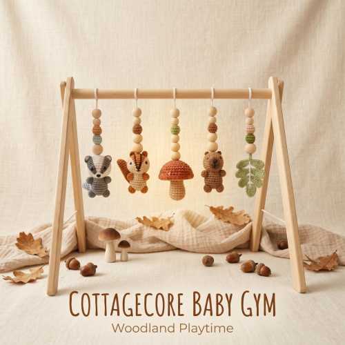 Enchanted Forest Baby Gym, Wooden Play Gym with Crochet Woodland Mushroom Squirrel Owl, Montessori Cottagecore Nursery Decor