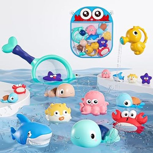Bath Toy for Toddlers 18 Months, No-Hole Bathtub Toys with Baby Bath Animals, Wind-Up Turtles, Fishing Net & Storage Bag, Floating Toys for Toddlers 1-3 Year Old Boys Girls (11 Pack)