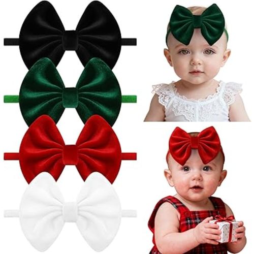 4 Pcs Velvet Baby Bow Headbands, Christmas Newborn Headband Bows Nylon Handmade Hair Accessories for Baby Infants Toddlers Child