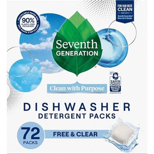 Seventh Generation Dishwasher Detergent Packs, Free & Clear, 72 Count, Pack of 1, Plant Powered Cleaning, Fights Greasy Reside & Stuck-On Food For Sparkling Dishes, Fragrance-Free & Septic Safe