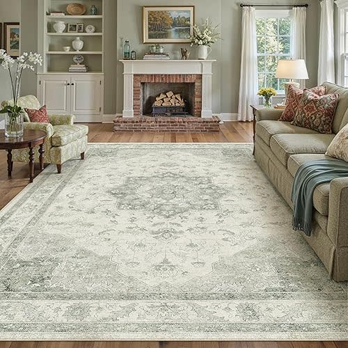 PureCozy Green Area Rug 8x10 Washable Living Room Carpet Vintage Non Slip Soft Bedroom Indoor Office Retro Low Pile Thin Oriental Medallion Large Rug for Dining Room Playroom