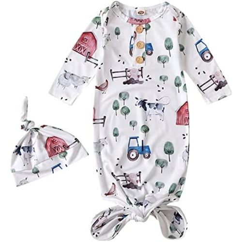 Newborn Baby Boys Girls Cartoon Sleeper Gown Long Sleeve Mountain Nightgown Hat Outfits