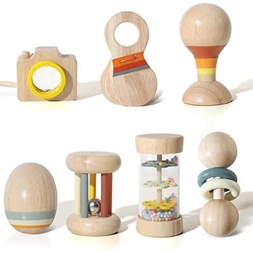 Wooden Baby Rattle Set, 7-in-1 Montessori Toys for Infants 0-6 Months, Moonkie Natural Wooden Baby Toys with Sensory Musical Instruments & Storage Bag