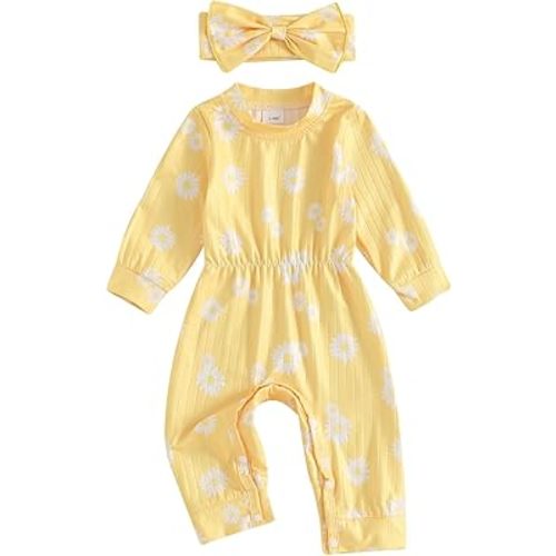 Newborn Baby Girl Fall Outfits Long Sleeve Ribbed Romper Jumpsuit with Headband Set Infant Girl Clothes
