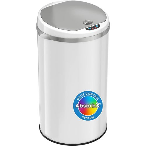 iTouchless 8 Gallon Trash Can with Odor Filter, White Stainless Steel Trashcan Round Garbage Bin for Home Office Work Bedroom Living Room Garage Large Capacity Slim Wastebasket