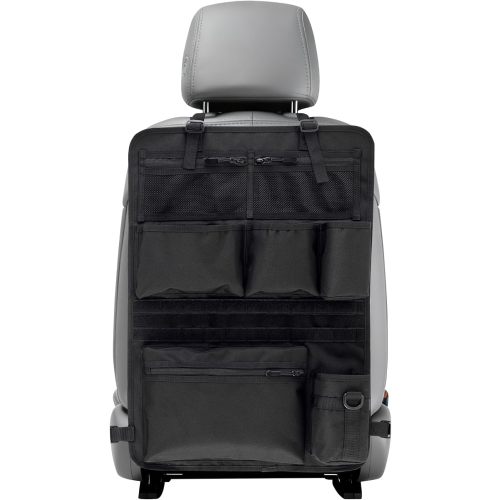Backseat Car Organizer,Tactical Car Seat Back Organizer, Kick Mats Back Seat Protector with Three Zippered Storage pockets, Travel Accessories with 8 Storage Pockets And DIY zone (Black)