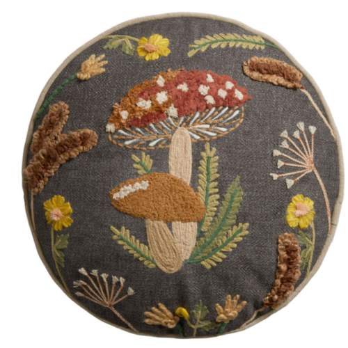 Round Charcoal Embroidered Mushroom Throw Pillow - World Market