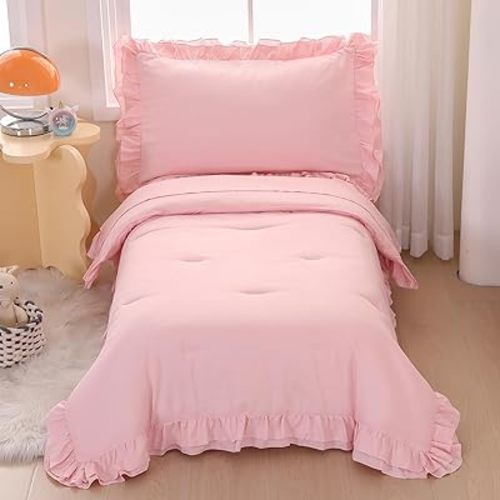 Wowelife Pink Toddler Bedding Set for Girls Toddler Bedding 4 Pieces Boho Tufted Comforter with Ruffles Design Toddler Girl Bed Set with Comforter, Fitted Sheet, Flat Sheet and Pillowcase