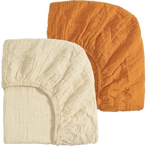 david's kids Muslin Mini Crib Sheets, 2 Pack Cotton Pack N Play Sheets for Boys Girls Neutral, Soft Breathable Baby Sheets Fit Pack N Play, Playard and Mini Crib Mattresses, Beige & Ginger