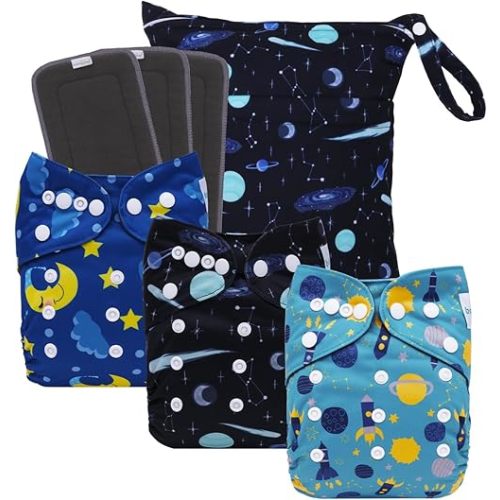 babygoal Reusable Charcoal Cloth Diapers with Double Gussets, 3 Pack Washable Baby Pocket Diapers with 3pcs Charcoal Inserts and Wet Dry Bag(Space,Moon,Star,Rocket)