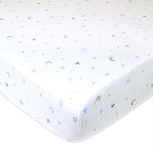 American Baby Company 100% Natural Cotton Fitted Crib Sheet 52" x 28" - Soft, Breathable, Hypoallergenic & Gentle Toddler Bed Sheet, Blue Stars and Moons, Neutral for Boys & Girls