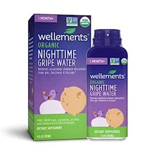 Amazon.com: Wellements Organic Nighttime Gripe Water | Bedtime Relief for Baby Gas, Colic & Fussiness, Sleepy Time Herbs Promote a Peaceful Night’s Sleep, USDA Certified Organic & Non GMO | 4 Fl Oz, 1 Month + : Baby