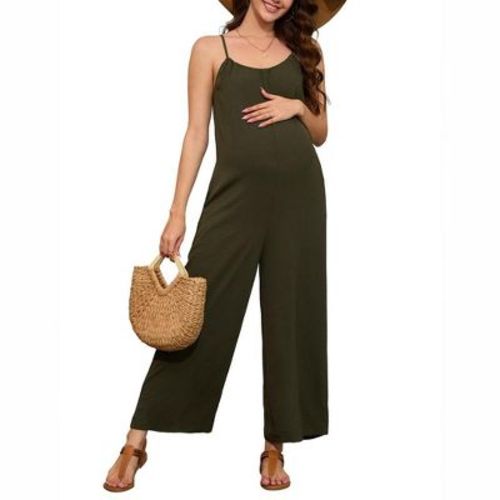 Maternity Jumpsuit Summer Sleeveless Spaghetti Strap Long Pants Wide Leg Overalls Romper with Pockets Army Green S