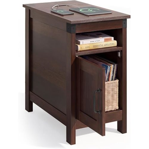 WLIVE End Table with Charging Station, Narrow Side Table for Living Room, Farmhouse Night Stand with Storage, Small Wooden Nightstand with USB Ports and Outlets for Living Room and Bedroom, Espresso