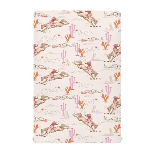 Western Cowgirl Crib Sheets for Boys Girl Pink Cowgirls Horse Cactus Mountain Sunset Fitted Mattress Cover West Desert Toddler Baby Bed Sheets Standard Unisex Crib Sheet 28x52 Inch