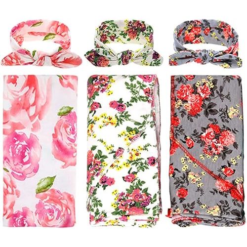 DRESHOW BQUBO 3 Sets Receiving Blanket with Headbands Newborn Baby Floral Printed Baby Shower Swaddle Gift