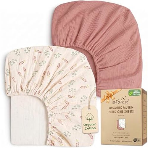 100% Organic Cotton 2 PK Baby Muslin Crib Sheets for Girl 28x52 in