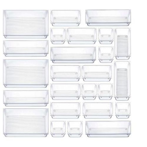 MPM 25pcs Drawer Organizer, 4 Sizes Clear Plastic Desk Divider Storage Bins, Multipurpose Trays, For Organization of Acc