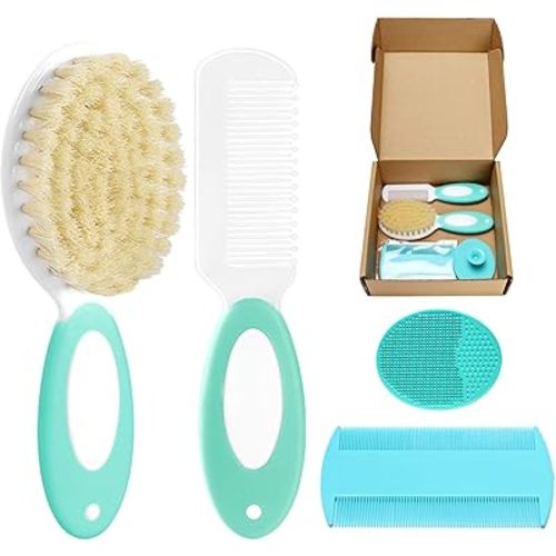 Baby Hair Brush and Comb Set, 4Pcs Baby Soft Bristles Hairbrush Cradle Cap Brush Hair Comb for Newborns Toddlers Boys Girls (Green)