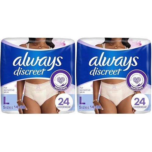 Always Discreet Sensitive, Incontinence & Postpartum Underwear for Women, Maximum Plus Protection, Large, 24 Count (Pack of 2)