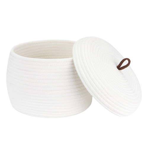 Sea Team Round Cotton Rope Storage Basket with Lid, Decorative Woven Storage Bin, Pot, Caddy, Organizer, Container for Snacks, Towels, Plants, 10 x 7.5 Inches (Small, White)
